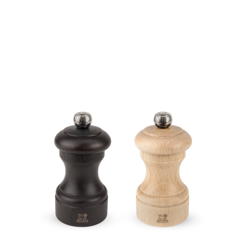 PEUGEOT BISTRO DUO OF MANUAL SALT AND PEPPER MILLS BEECH WOOD, CHOCOLATE AND NATURAL WOOD 10CM